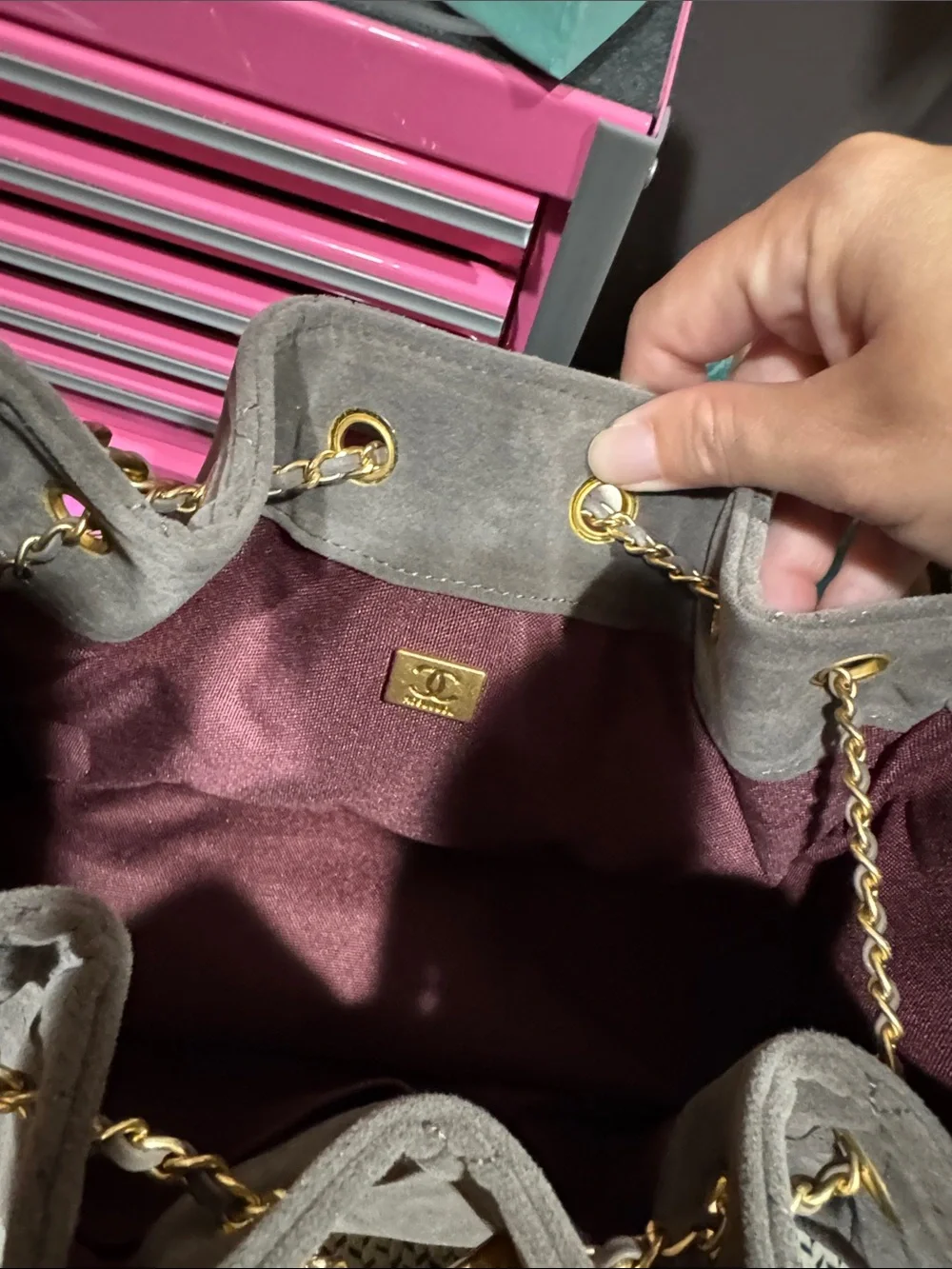 Chanel Quilted Suede Drawstring Shoulder Bag - Gray